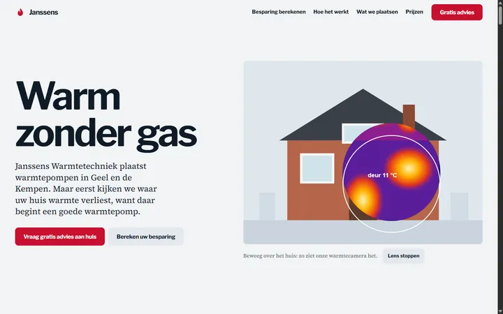De demosite Janssens Warmtetechniek op een computerscherm